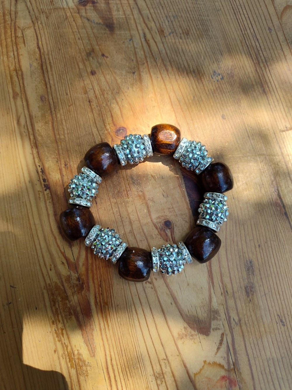 Dark Brown Wood - Silver Spikey Beads & Rondelle Accents Stretch Bracelet